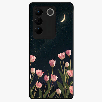 Midnight Tulip Whispers Vibe Glass Case showing flat back view with elegant tulip flower artwork and glossy glass finish.