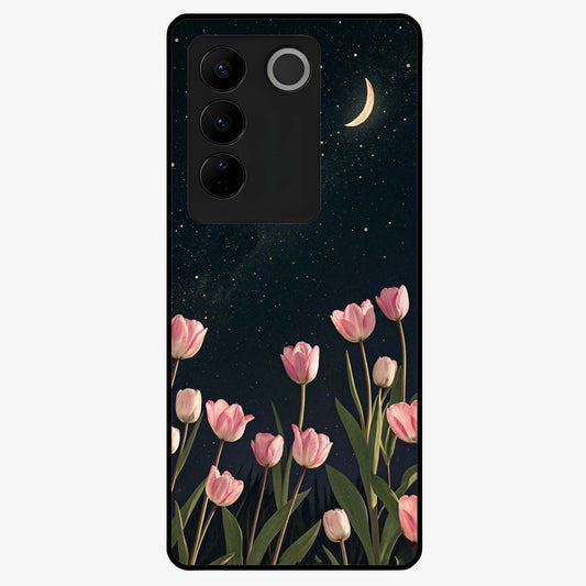Midnight Tulip Whispers Vibe Glass Case showing flat back view with elegant tulip flower artwork and glossy glass finish.