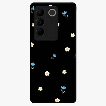 Minimalistic Blue With White Flower Pattern Glass Case showing flat back view with blue background and white flower pattern and glossy glass finish.