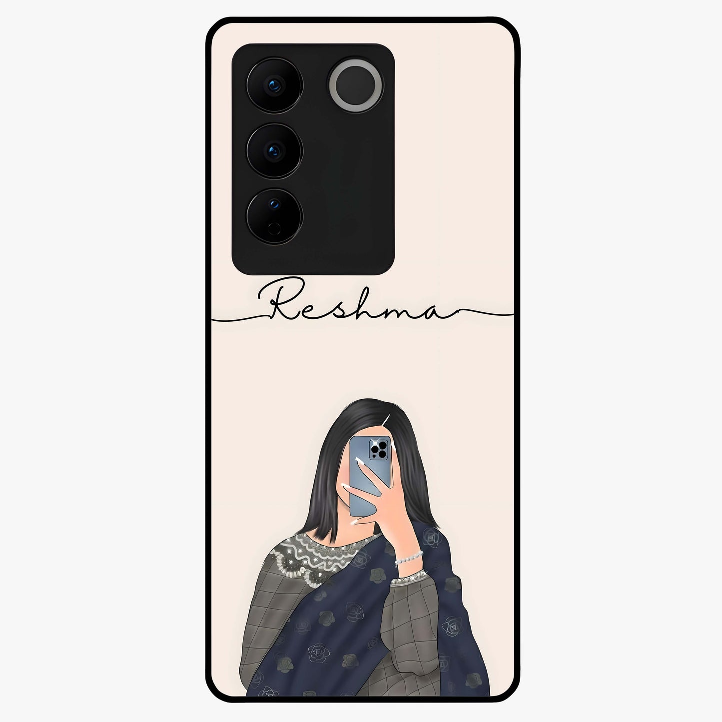 Mirror Mood Muse With Custom Name Glass Case showing flat back view with stylish mirrored artwork and personalized name design.