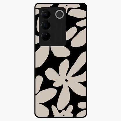 Monochrome Petal Dance Glass Case showing flat back view with monochrome floral artwork and glossy glass finish.