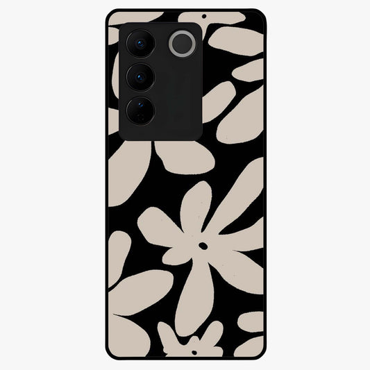 Monochrome Petal Dance Glass Case showing flat back view with monochrome floral artwork and glossy glass finish.