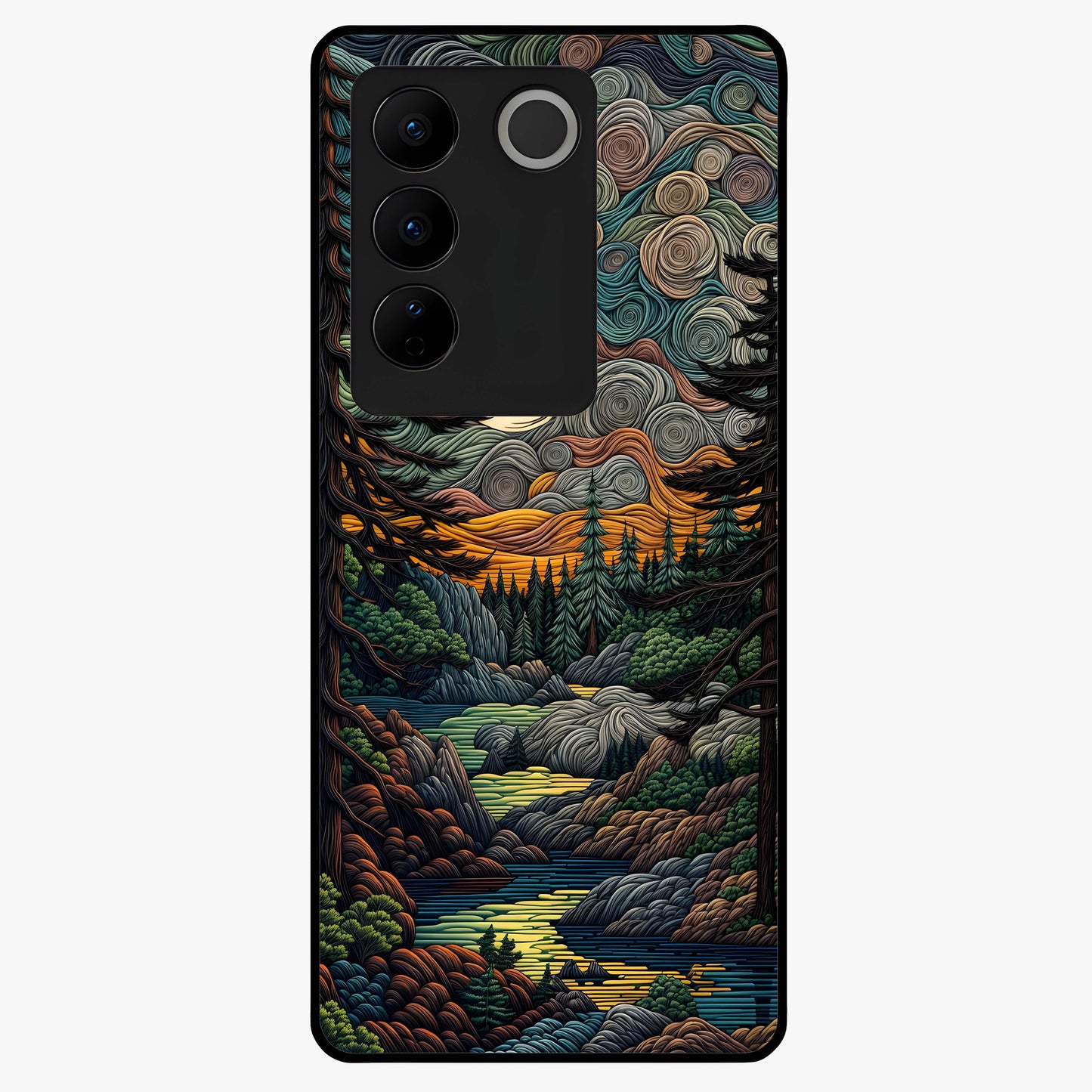Moonlight Forest Dream Glass Case showing flat back view with mystical forest moonlight artwork and glossy glass finish.