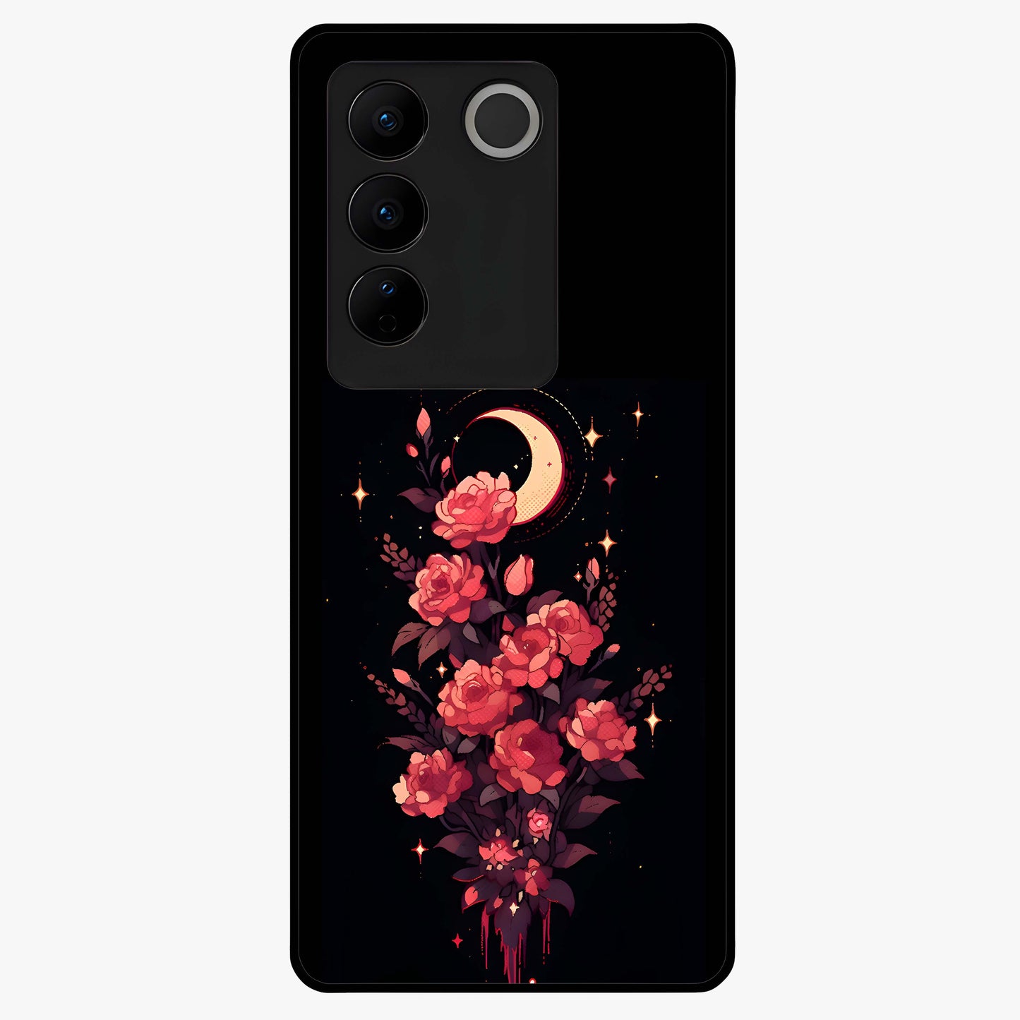 Moonlit Floral Elegance Glass Case showing flat back view with elegant floral artwork under moonlit tones and glossy glass finish.