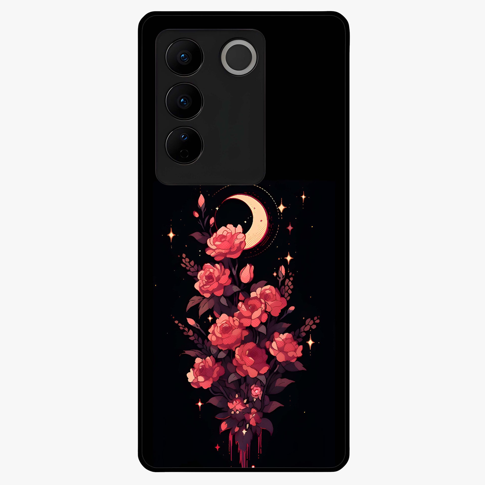 Moonlit Floral Elegance Glass Case showing flat back view with elegant floral artwork under moonlit tones and glossy glass finish.