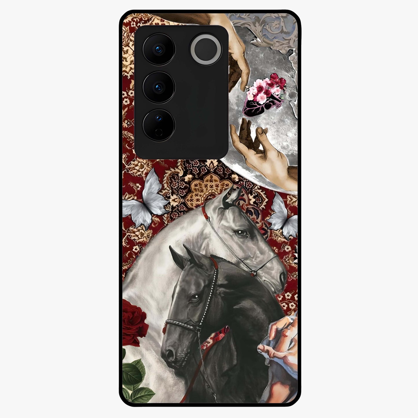 Moonlit Royal Stallion Glass Case showing flat back view with majestic horse under moonlight artwork and glossy glass finish.