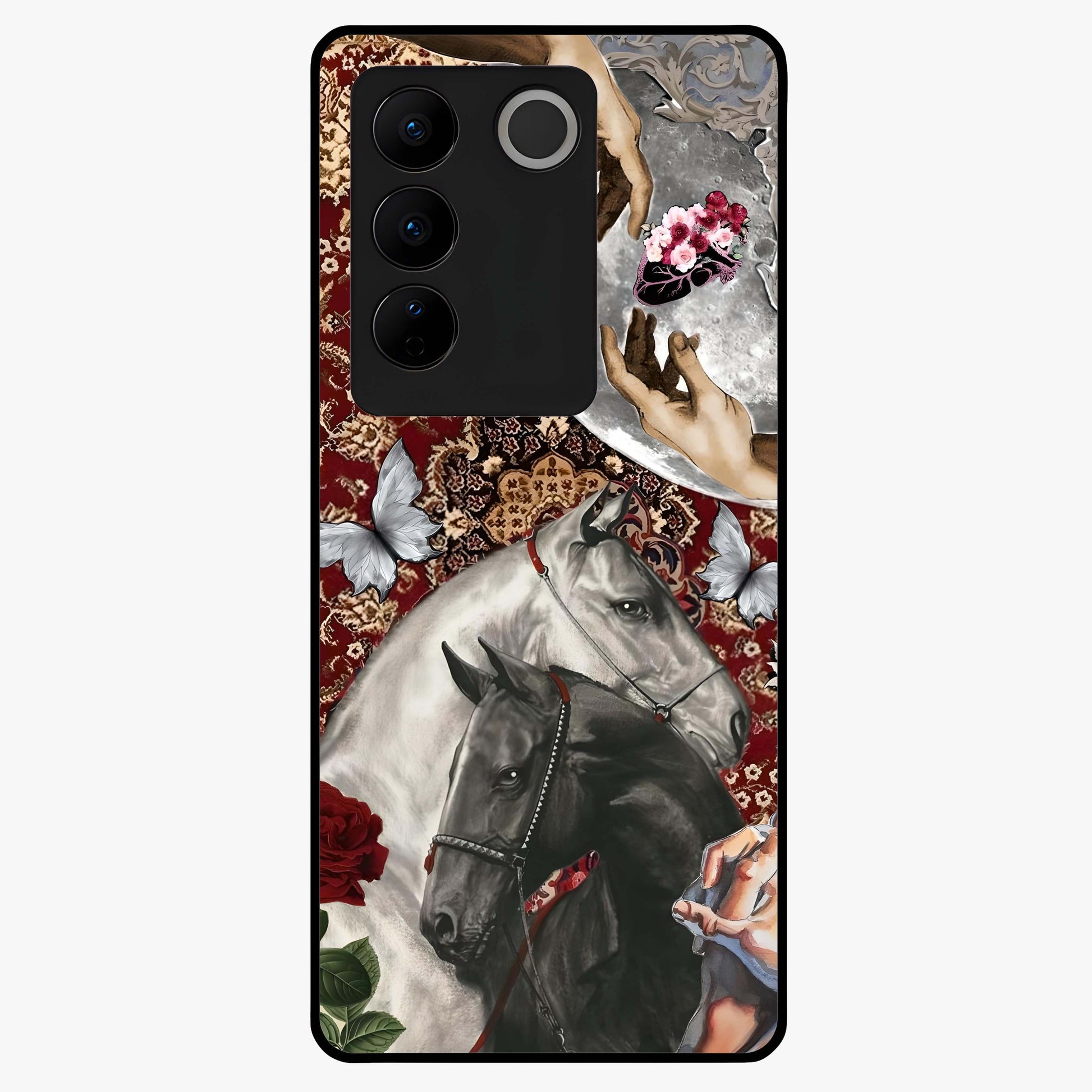 Moonlit Royal Stallion Glass Case showing flat back view with majestic horse under moonlight artwork and glossy glass finish.
