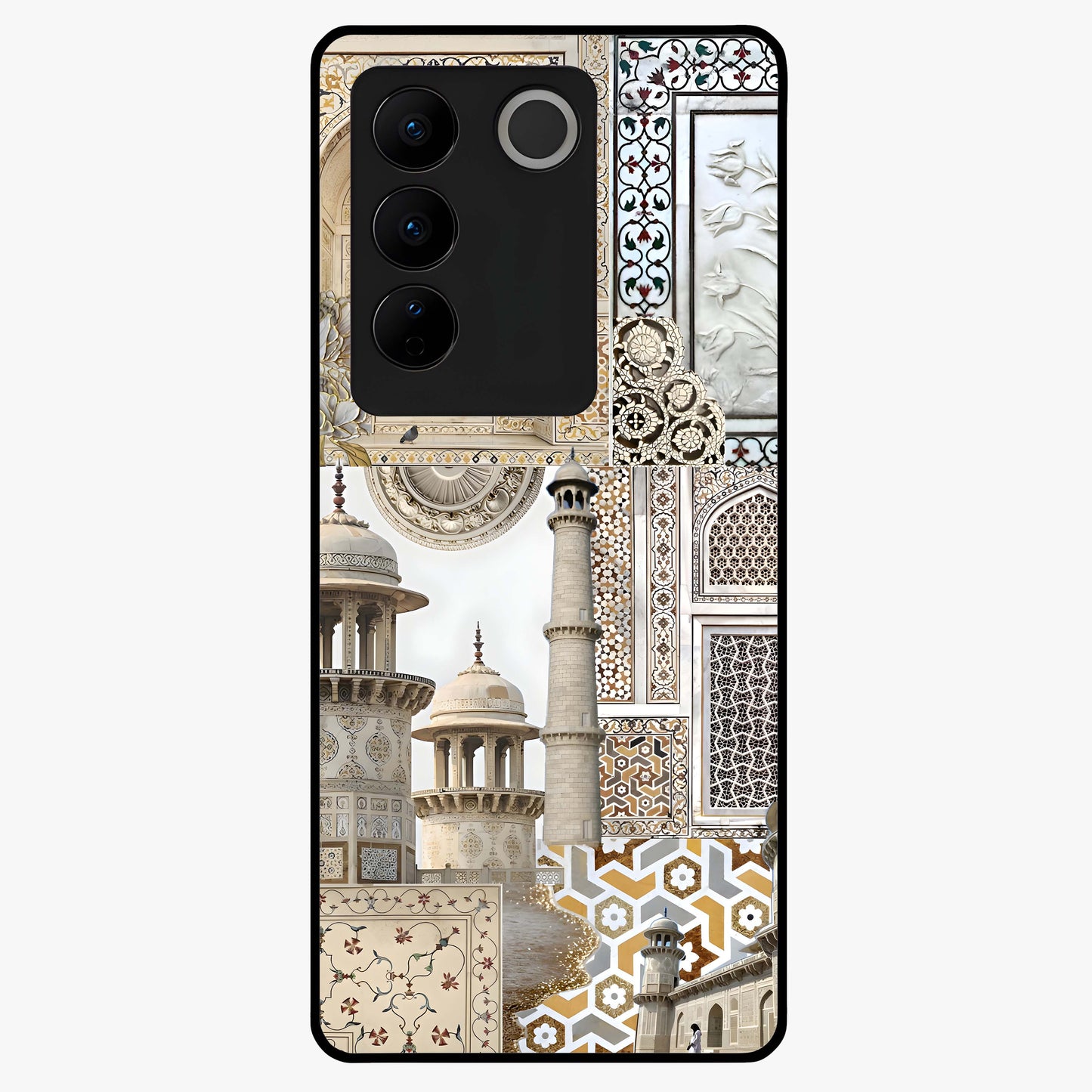 Mughal Marble Legacy Glass Case showing flat back view with intricate Mughal inspired marble pattern and glossy glass finish.