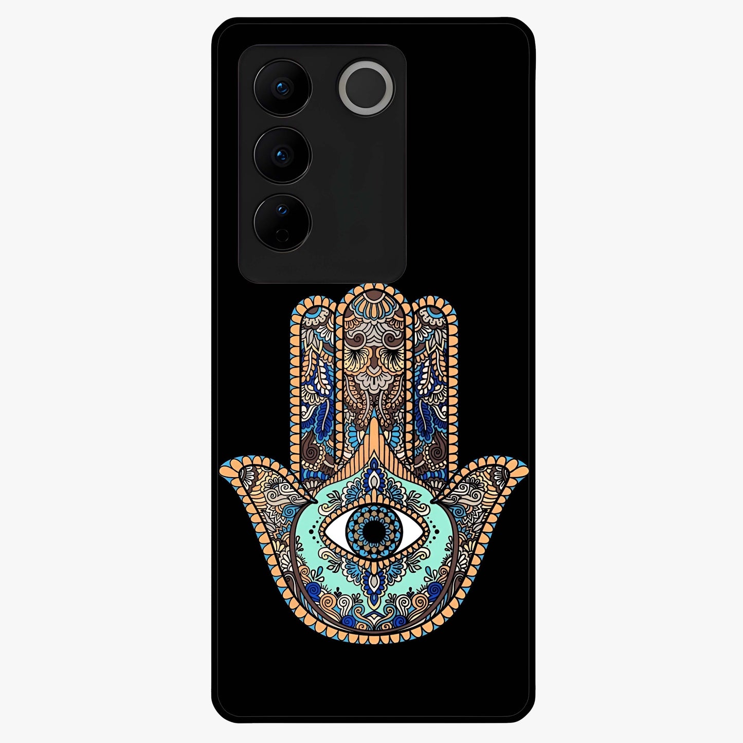 Mystic Hamsa Eye Glass Case showing flat back view with protective hamsa hand and evil eye artwork and glossy glass finish.