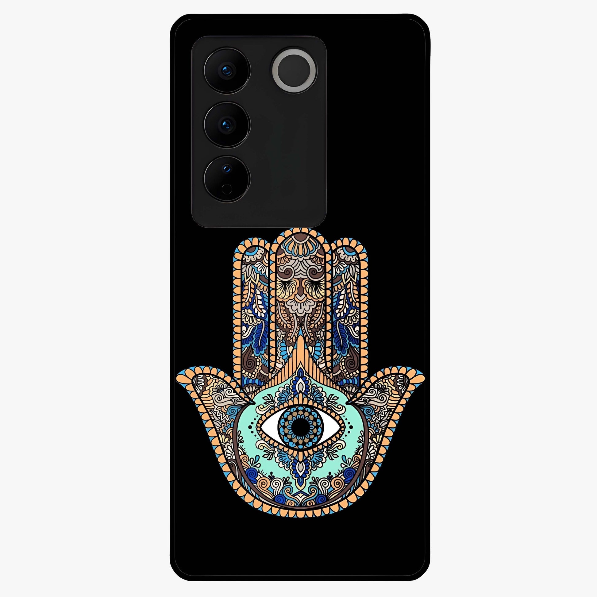 Mystic Hamsa Eye Glass Case showing flat back view with protective hamsa hand and evil eye artwork and glossy glass finish.