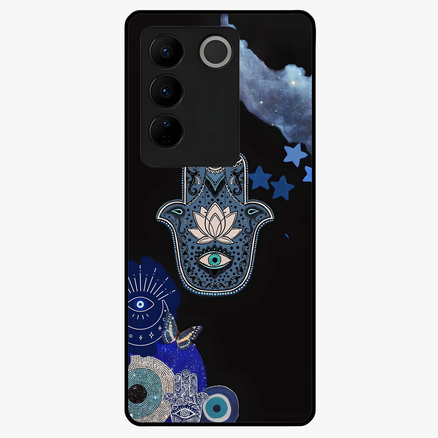 Mystic Hand Aura Glass Case showing flat back view with mystical hand symbol artwork and glossy glass finish.