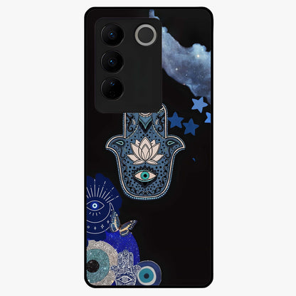 Mystic Hand Aura Glass Case showing flat back view with mystical hand symbol artwork and glossy glass finish.