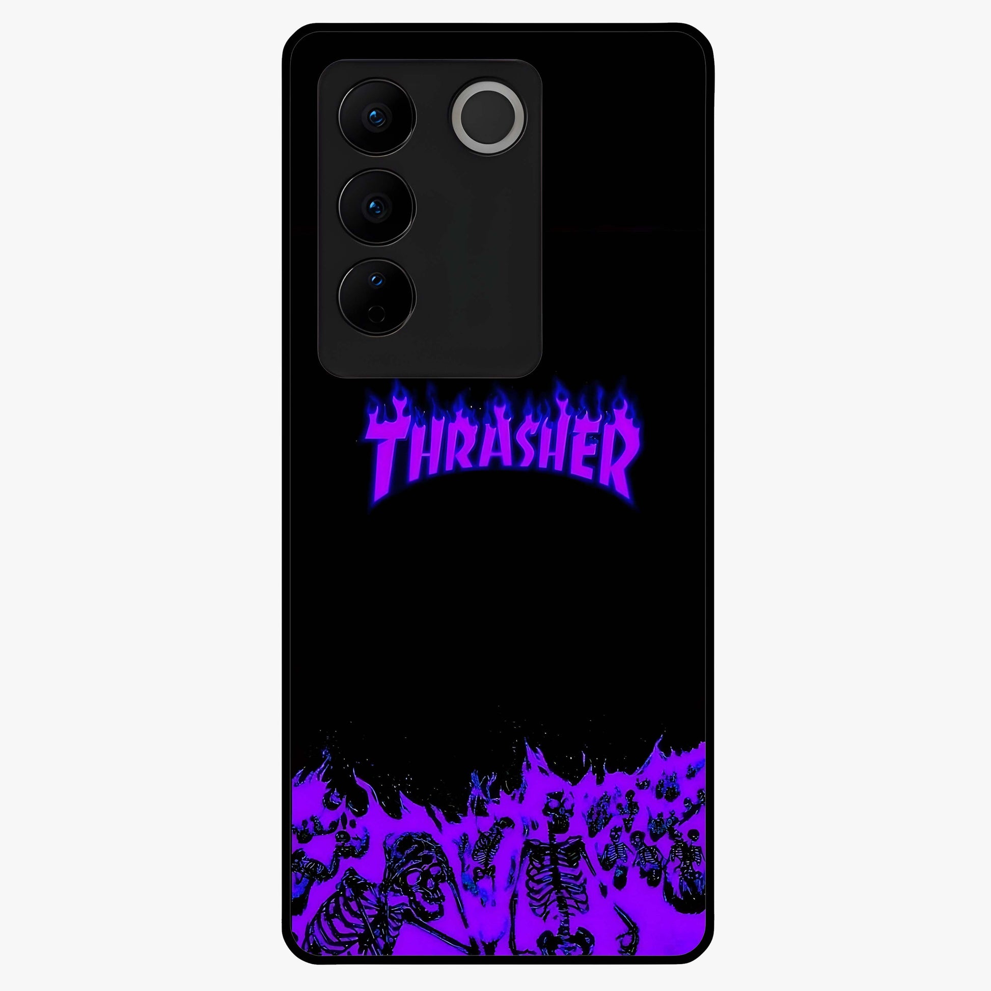 Neon Flame Riot Glass Case showing flat back view with neon flame artwork and glossy glass finish.
