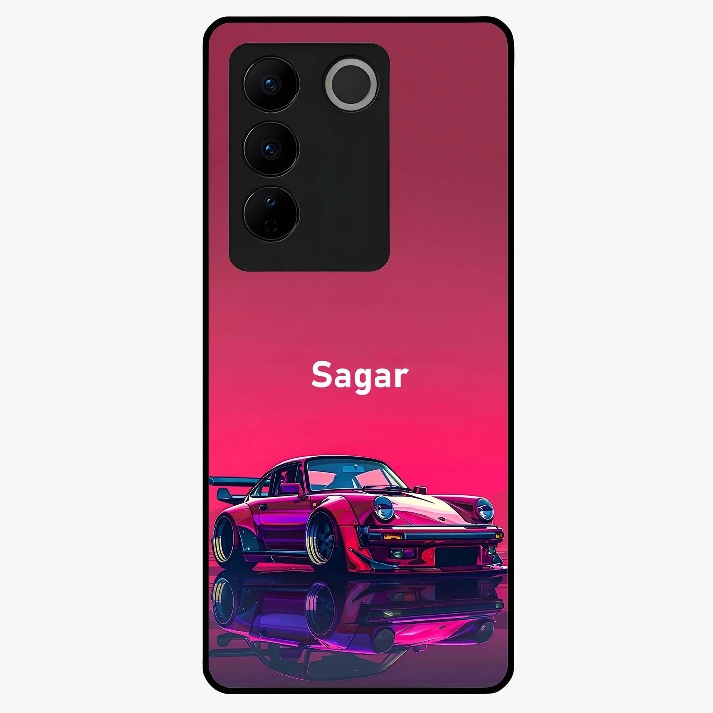 Neon Pink Porsche Glass Case showing flat back view with stylish sports car artwork and glossy glass finish.