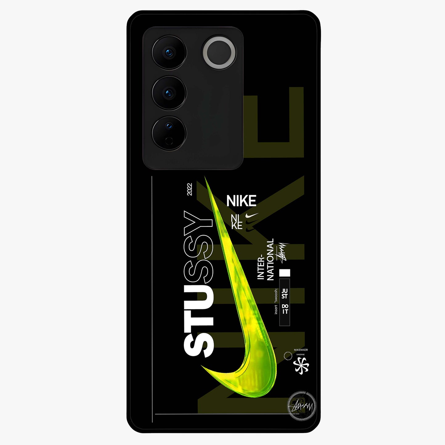 Neon Street Edition Glass Case showing flat back view with neon street style artwork and glossy glass finish.