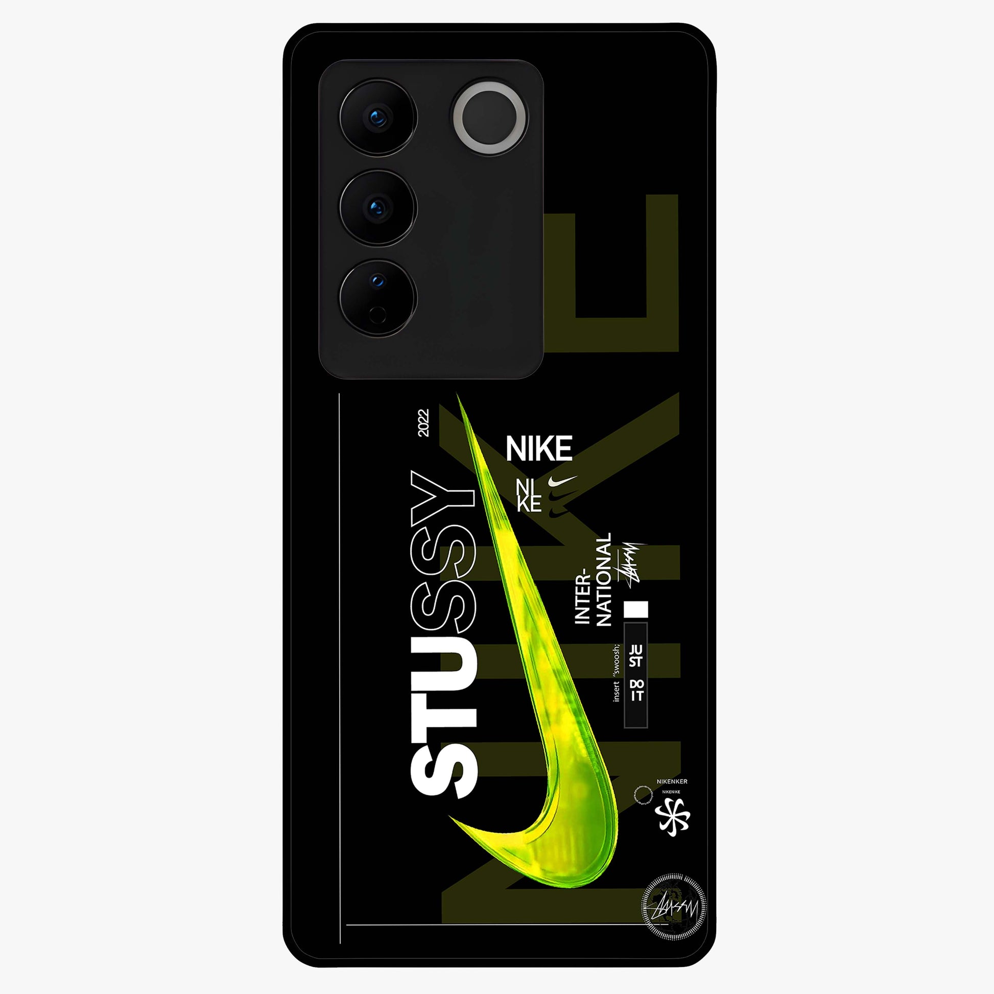 Neon Street Edition Glass Case showing flat back view with neon street style artwork and glossy glass finish.