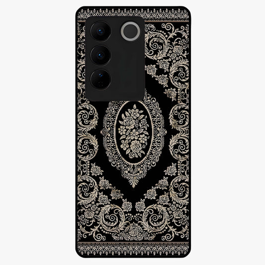 Noir Bloom Elegance Glass Case showing flat back view with elegant dark floral artwork and glossy glass finish.