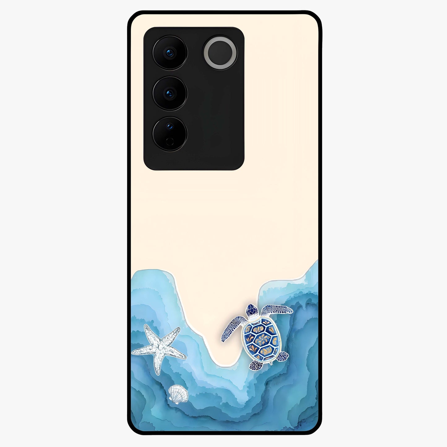 Ocean Drift Turtle Glass Case showing flat back view with sea turtle artwork and glossy glass finish.