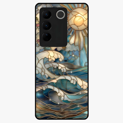 Oceanic Stained Printed Glass Case showing flat back view with ocean inspired stained pattern artwork and glossy glass finish.