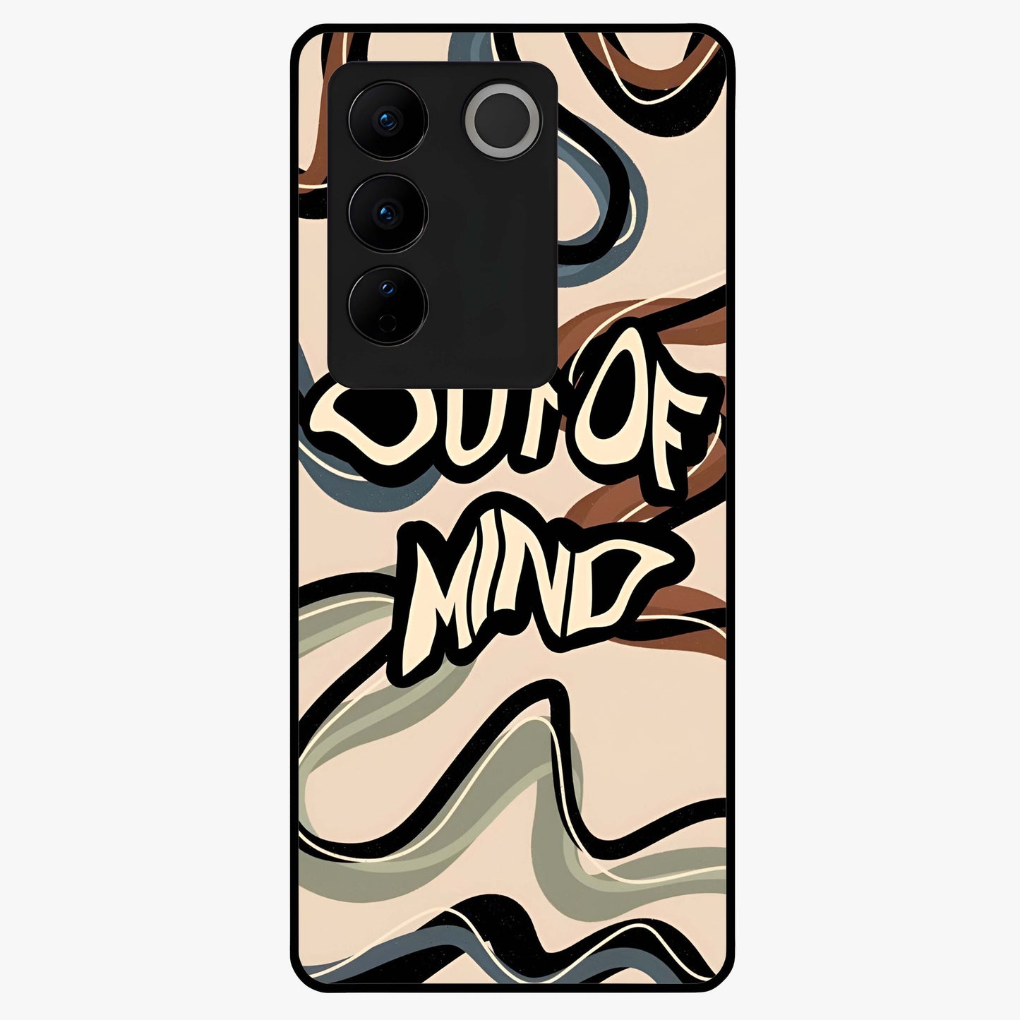 Out Of Mind Glass Case showing flat back view with expressive typography artwork and glossy glass finish.