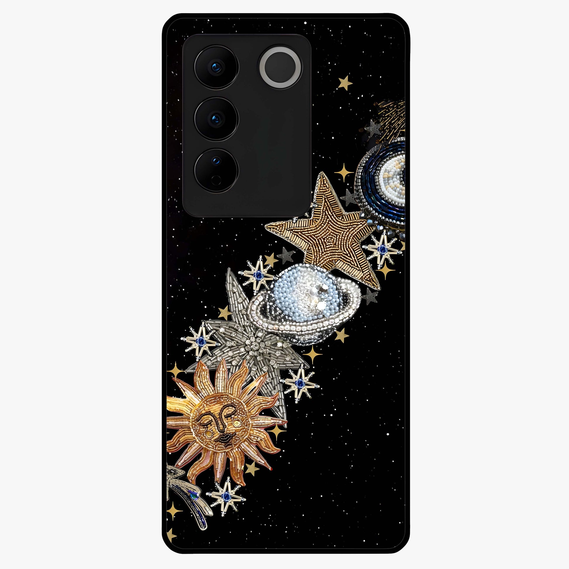 Pearls Universe Object Glass Case showing flat back view with pearl inspired cosmic artwork and glossy glass finish.