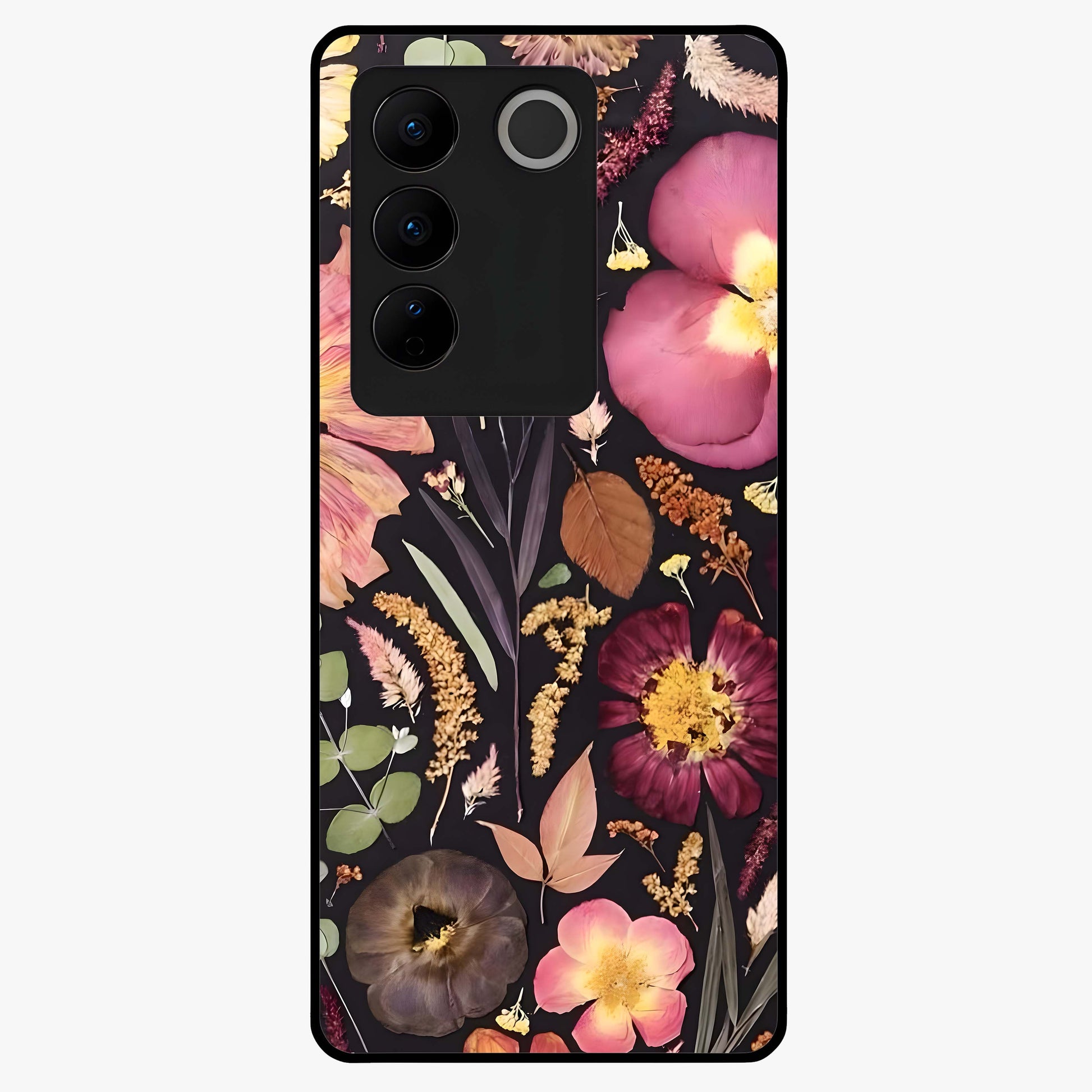 Petal Dream Tapestry Glass Case showing flat back view with intricate floral tapestry artwork and glossy glass finish.