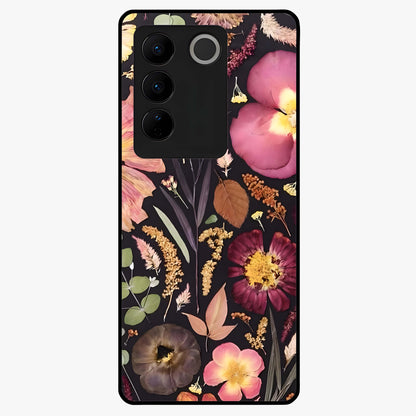 Petal Dream Tapestry Glass Case showing flat back view with intricate floral tapestry artwork and glossy glass finish.