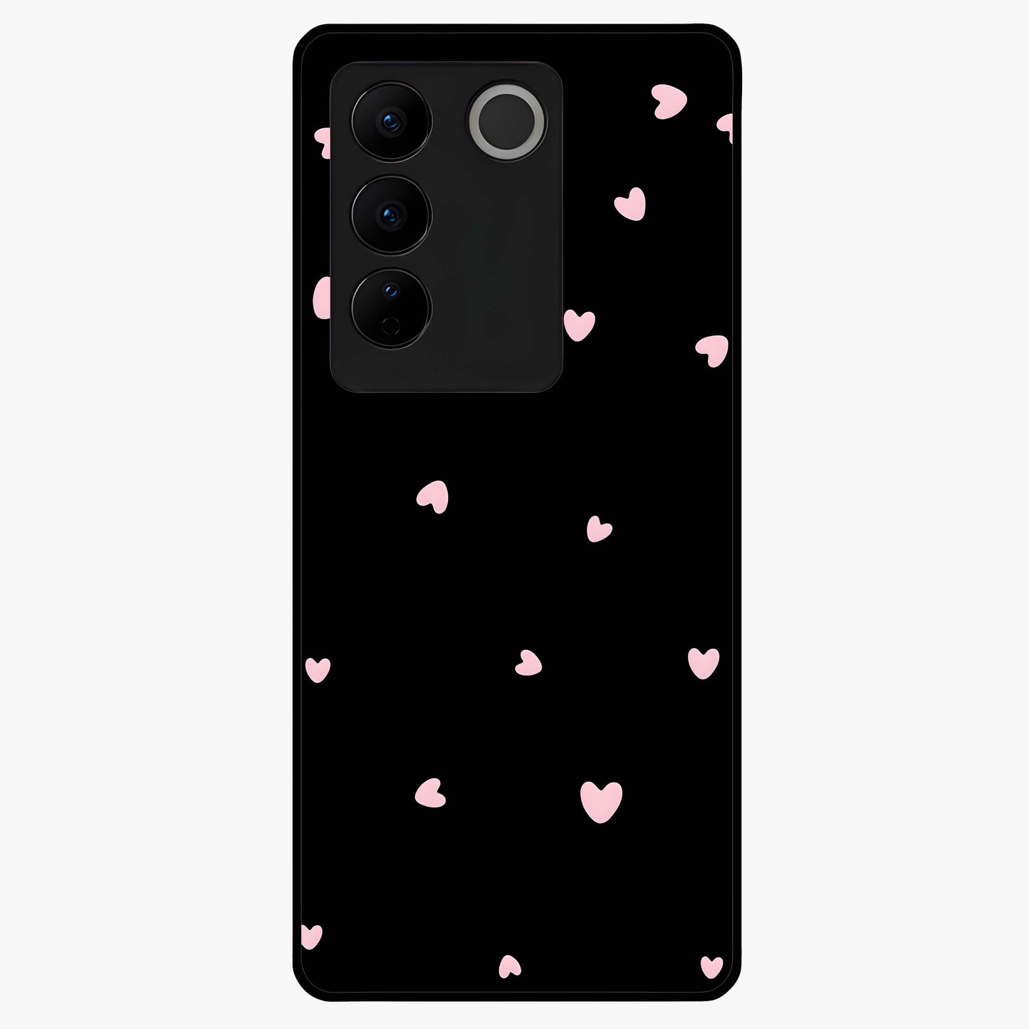 Pink Love Drops Glass Case showing flat back view with playful pink heart drops artwork and glossy glass finish.