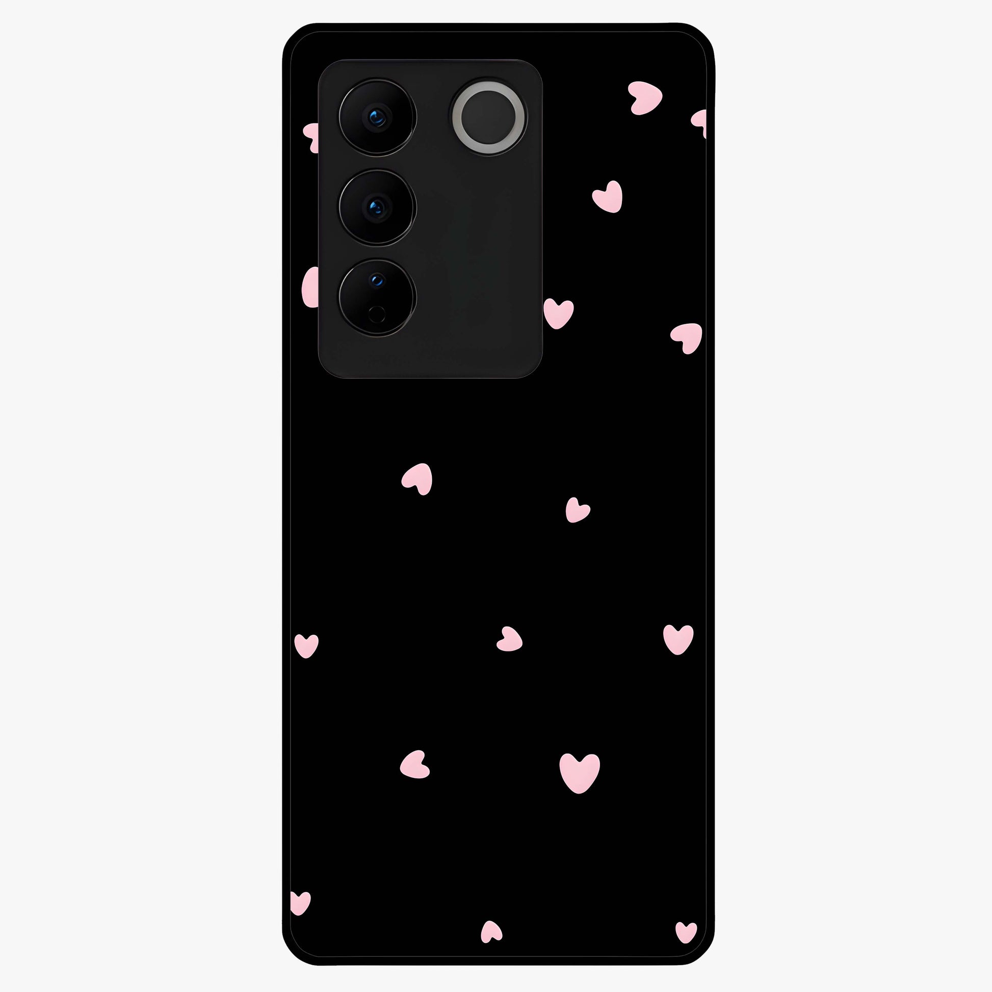 Pink Love Drops Glass Case showing flat back view with playful pink heart drops artwork and glossy glass finish.
