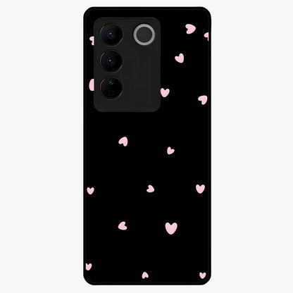 Pink Love Drops Glass Case showing flat back view with playful pink heart drops artwork and glossy glass finish.