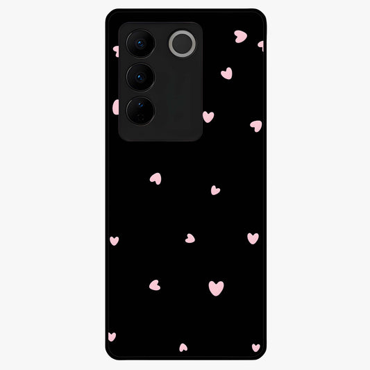 Pink Love Drops Glass Case showing flat back view with playful pink heart drops artwork and glossy glass finish.