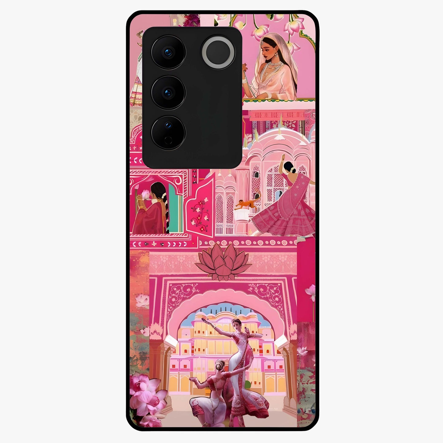 Pink Palace Muse Glass Case showing flat back view with elegant palace inspired artwork and glossy glass finish.