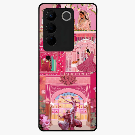 Pink Palace Muse Glass Case showing flat back view with elegant palace inspired artwork and glossy glass finish.