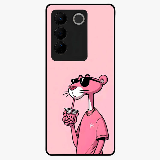 Pink Panther Glass Case showing flat back view with iconic pink panther artwork and glossy glass finish.