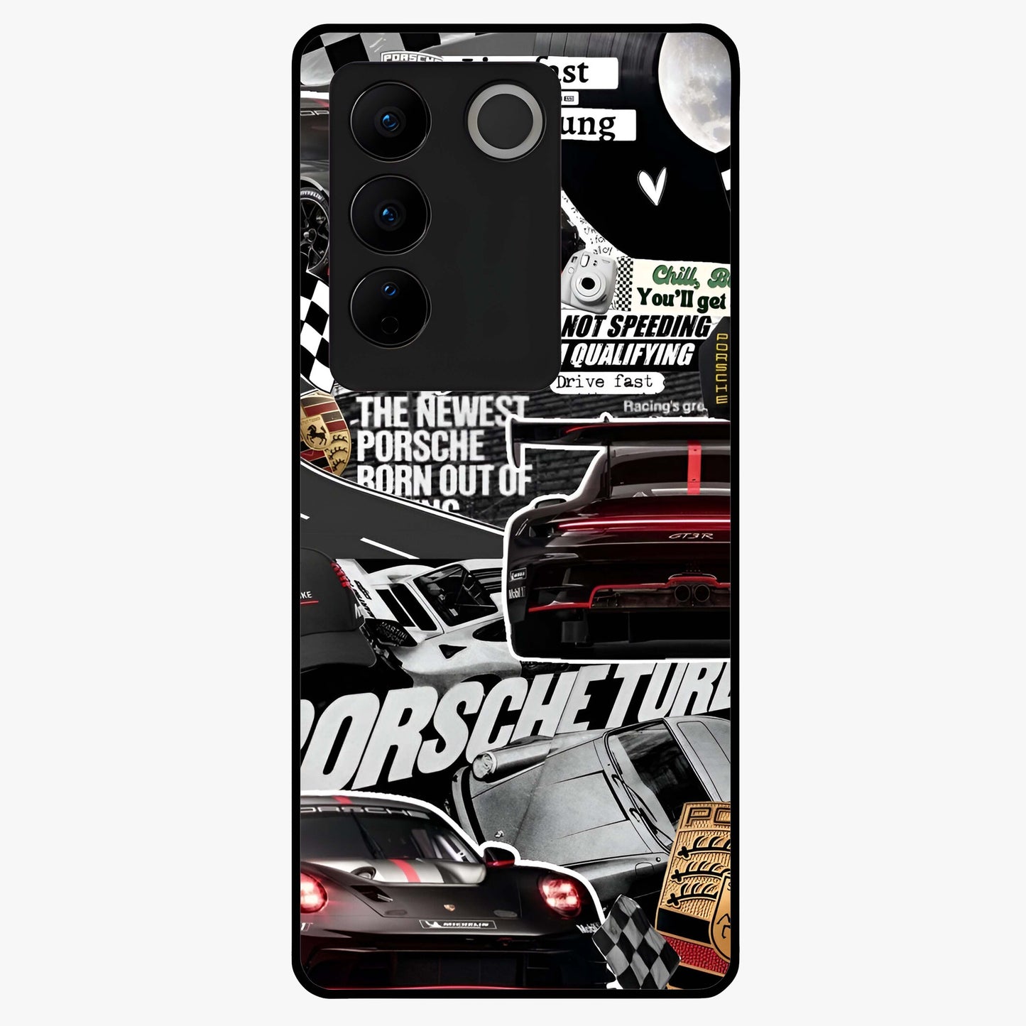Porsche Racing Collage Glass Case showing flat back view with sports car racing collage artwork and glossy glass finish.