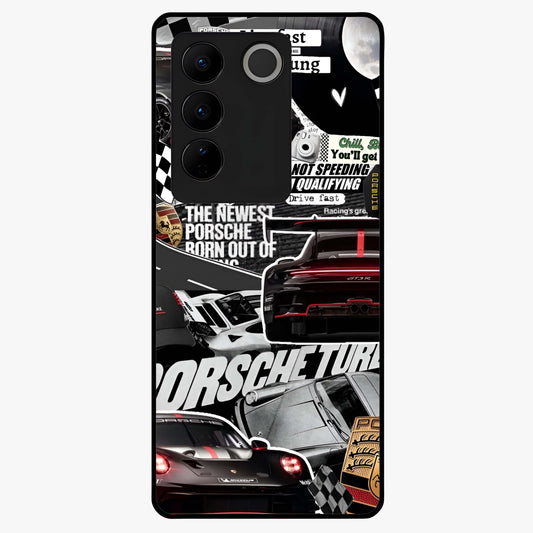 Porsche Racing Collage Glass Case showing flat back view with sports car racing collage artwork and glossy glass finish.