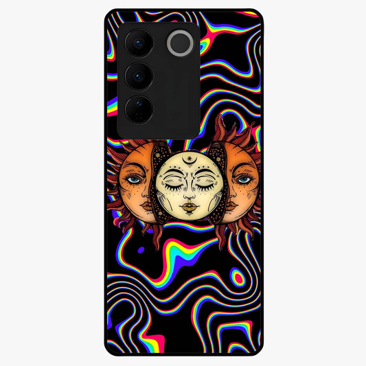 Psychedelic Sun Glass Case showing flat back view with colorful psychedelic sun artwork and glossy glass finish.