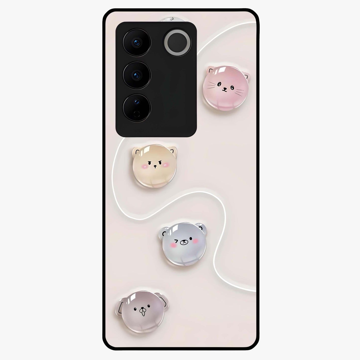 Puffy Face Parade Glass Case showing flat back view with cute puffy character faces artwork and glossy glass finish.