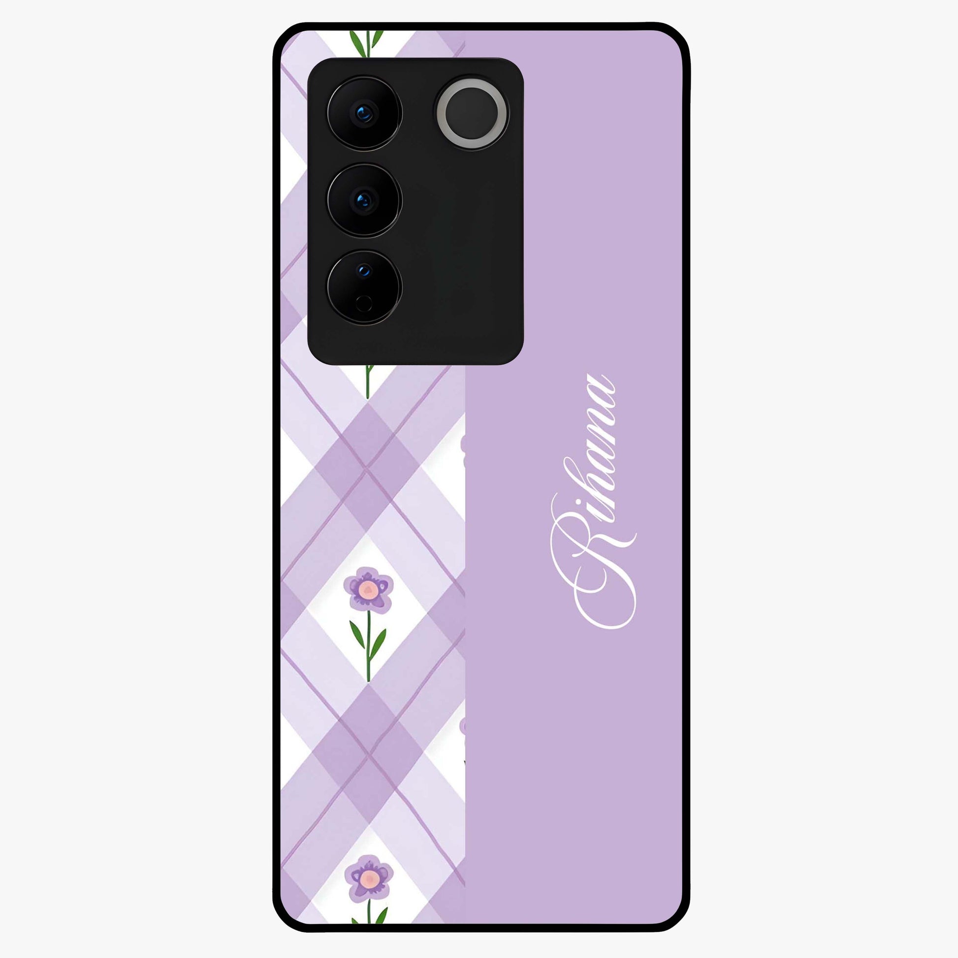 Purple Diamond Floral Glass Case showing flat back view with diamond shaped floral artwork and glossy glass finish.