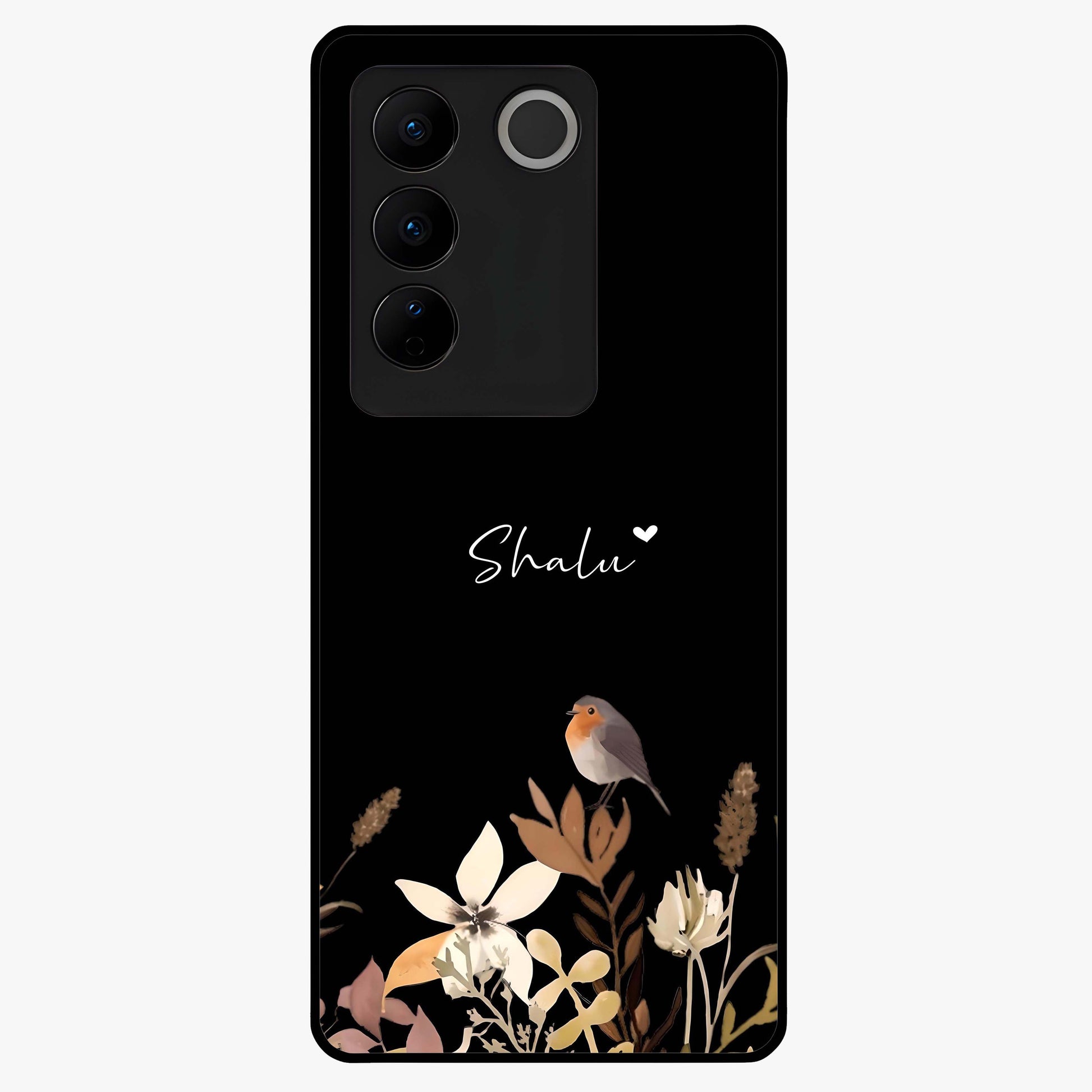 Quiet Garden Tune Custom Name Glass Case showing flat back view with peaceful garden artwork and personalized name design.