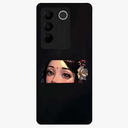 Radha Divine Embrace Glass Case showing flat back view with devotional Radha artwork and glossy glass finish.