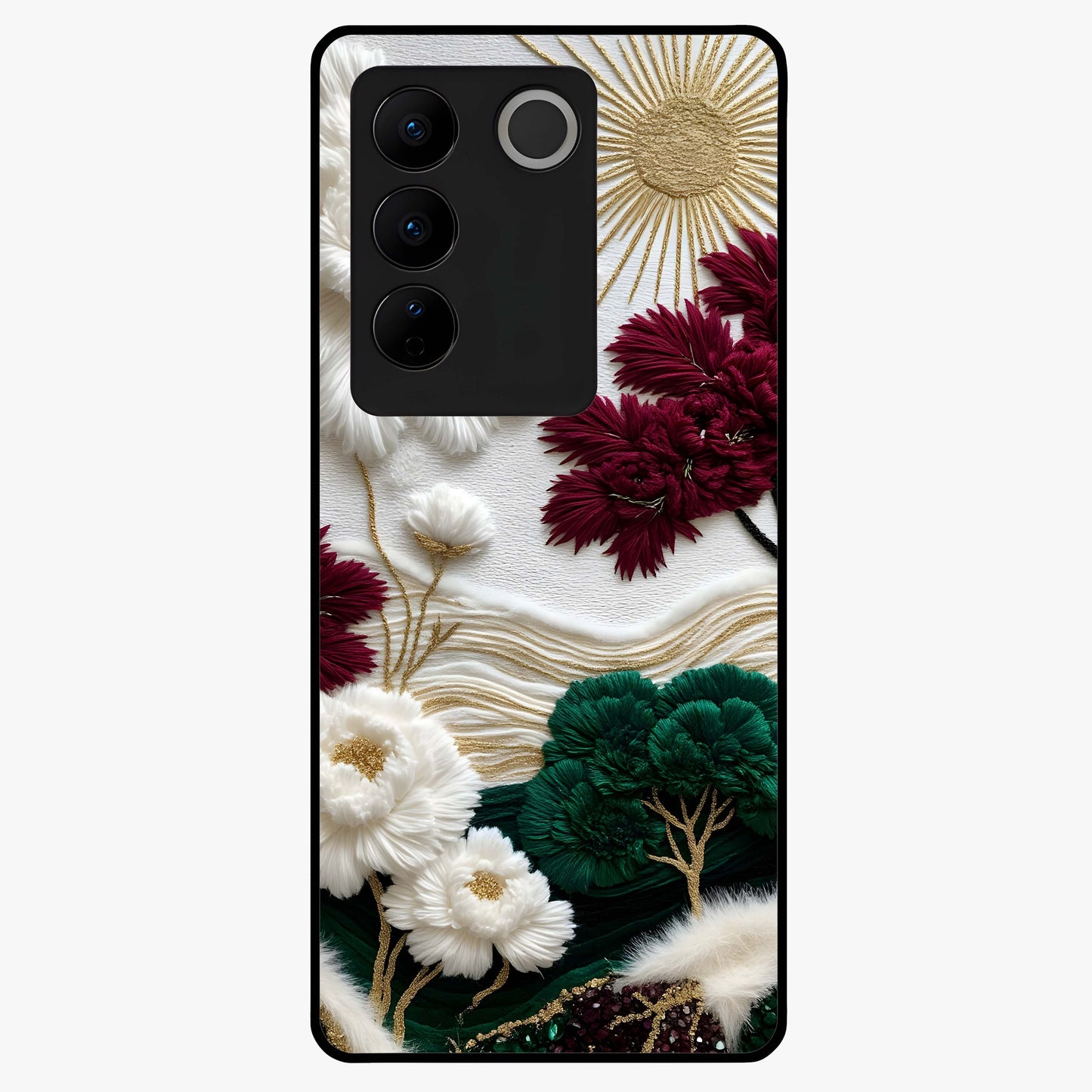 Radiant Bloom Elegance Glass Case showing flat back view with elegant blooming flower artwork and glossy glass finish.