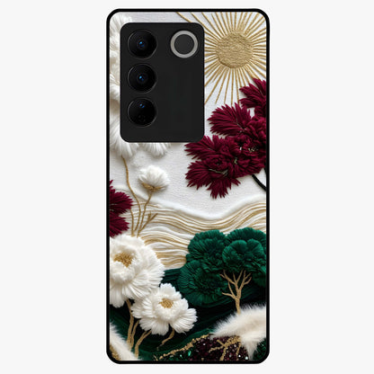Radiant Bloom Elegance Glass Case showing flat back view with elegant blooming flower artwork and glossy glass finish.