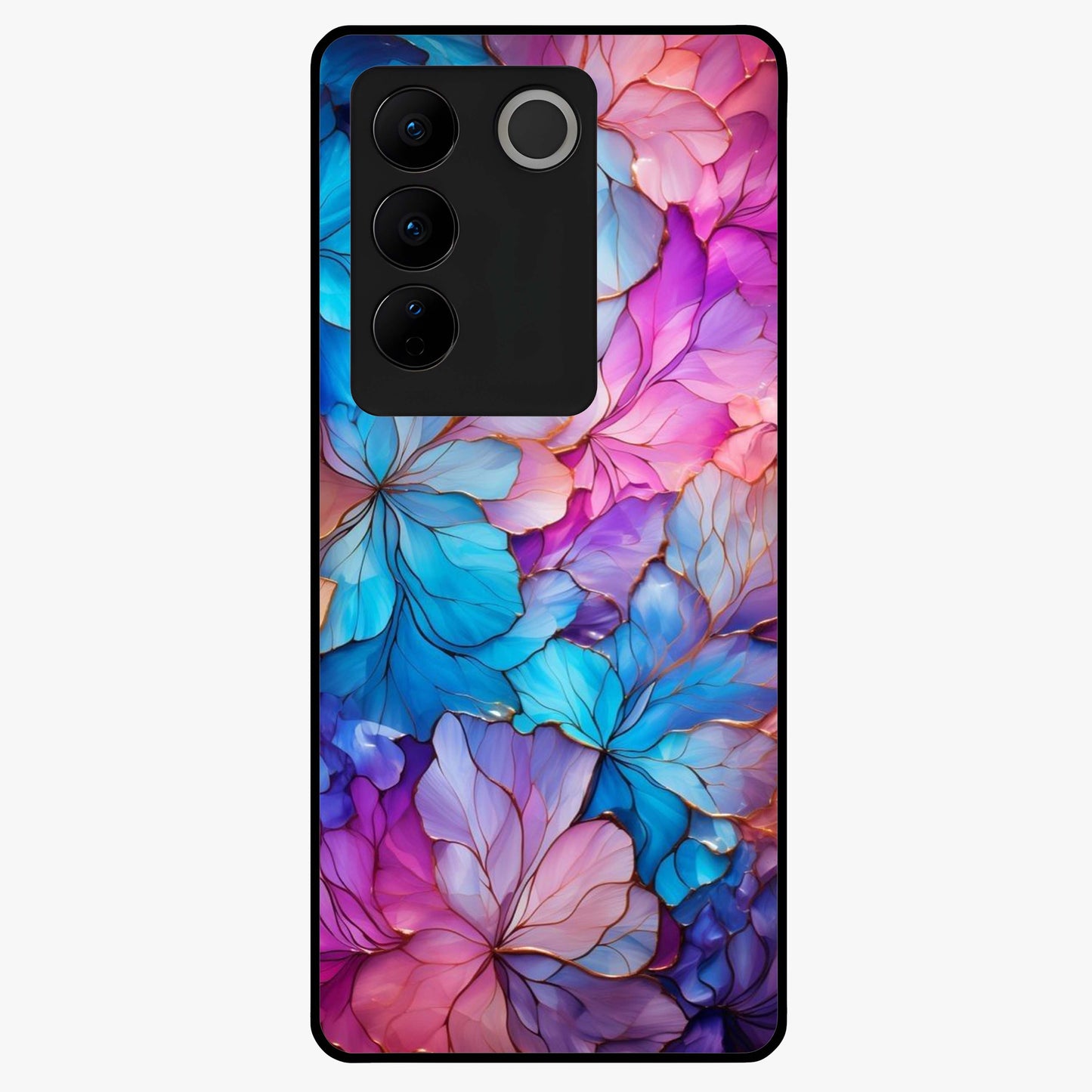 Radiant Floral Whirl Glass Case showing flat back view with swirling floral artwork and glossy glass finish.