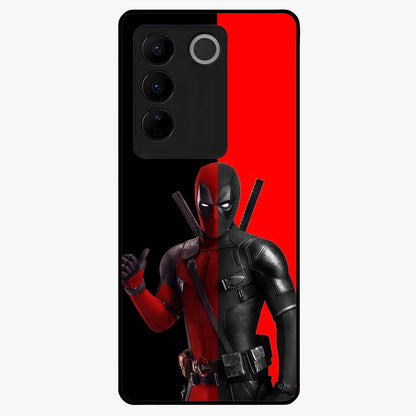 Red & Black Deadpool Theme Glass Case showing flat back view with bold comic inspired artwork and glossy glass finish.