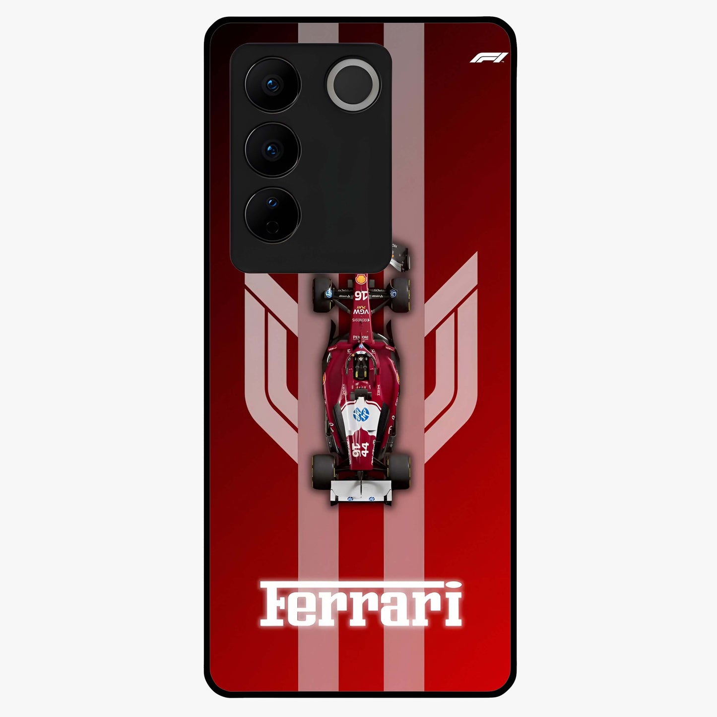 Red Ferrari F1 Vertical Glass Case showing flat back view with sleek Formula racing car artwork and glossy glass finish.