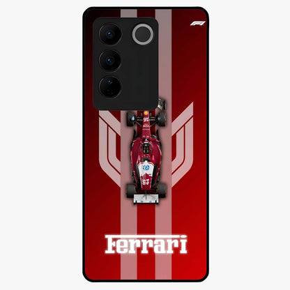 Red Ferrari F1 Vertical Glass Case showing flat back view with sleek Formula racing car artwork and glossy glass finish.