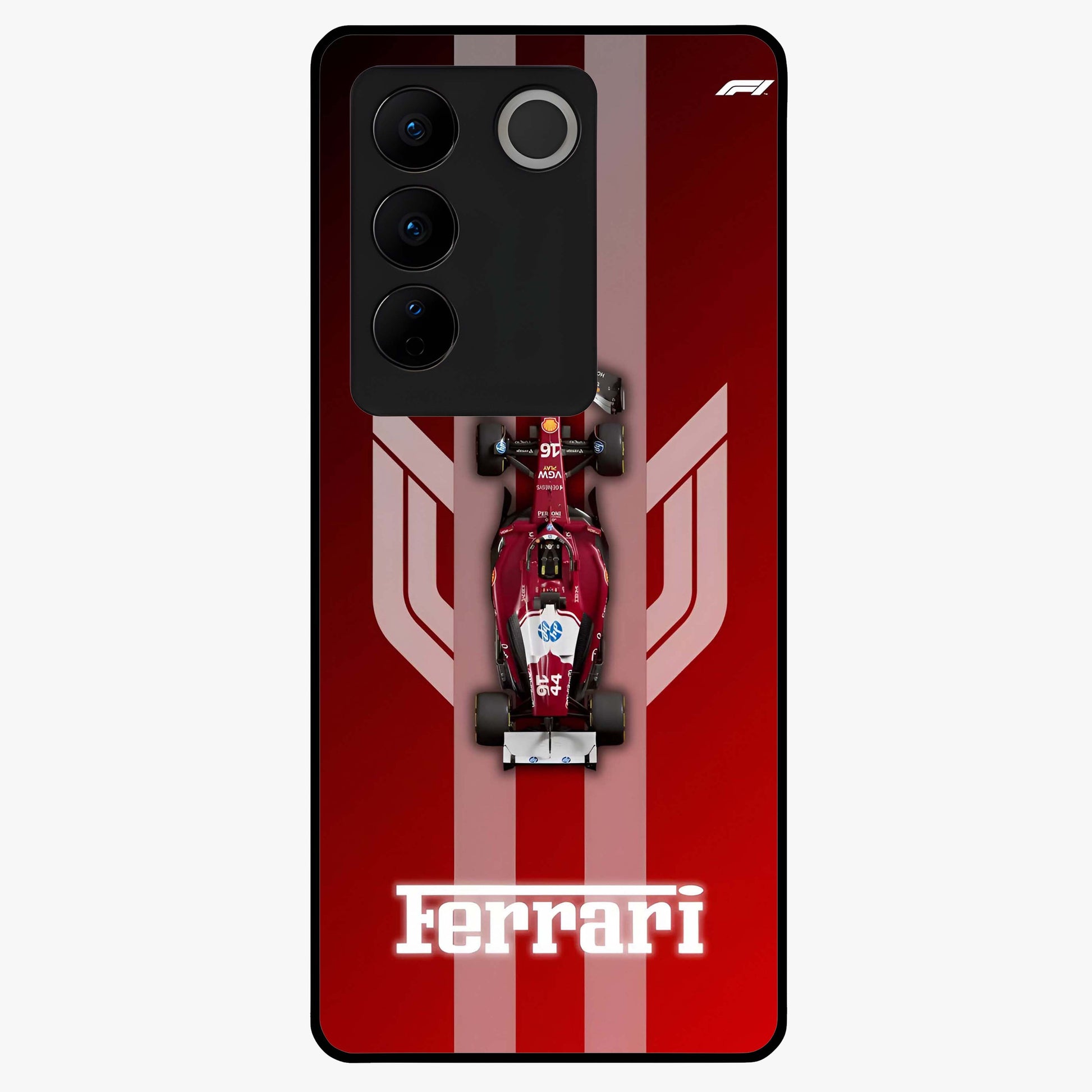 Red Ferrari F1 Vertical Glass Case showing flat back view with sleek Formula racing car artwork and glossy glass finish.