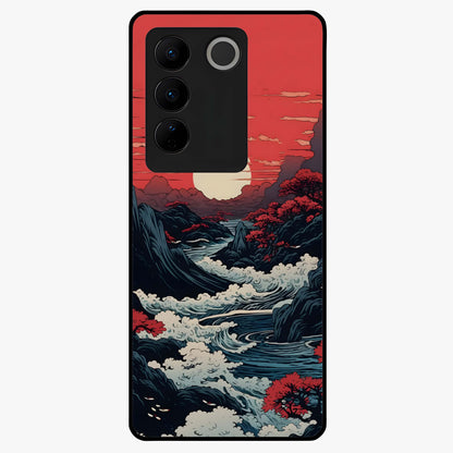 Red Sunset Scenery Glass Case showing flat back view with vibrant sunset landscape artwork and glossy glass finish.