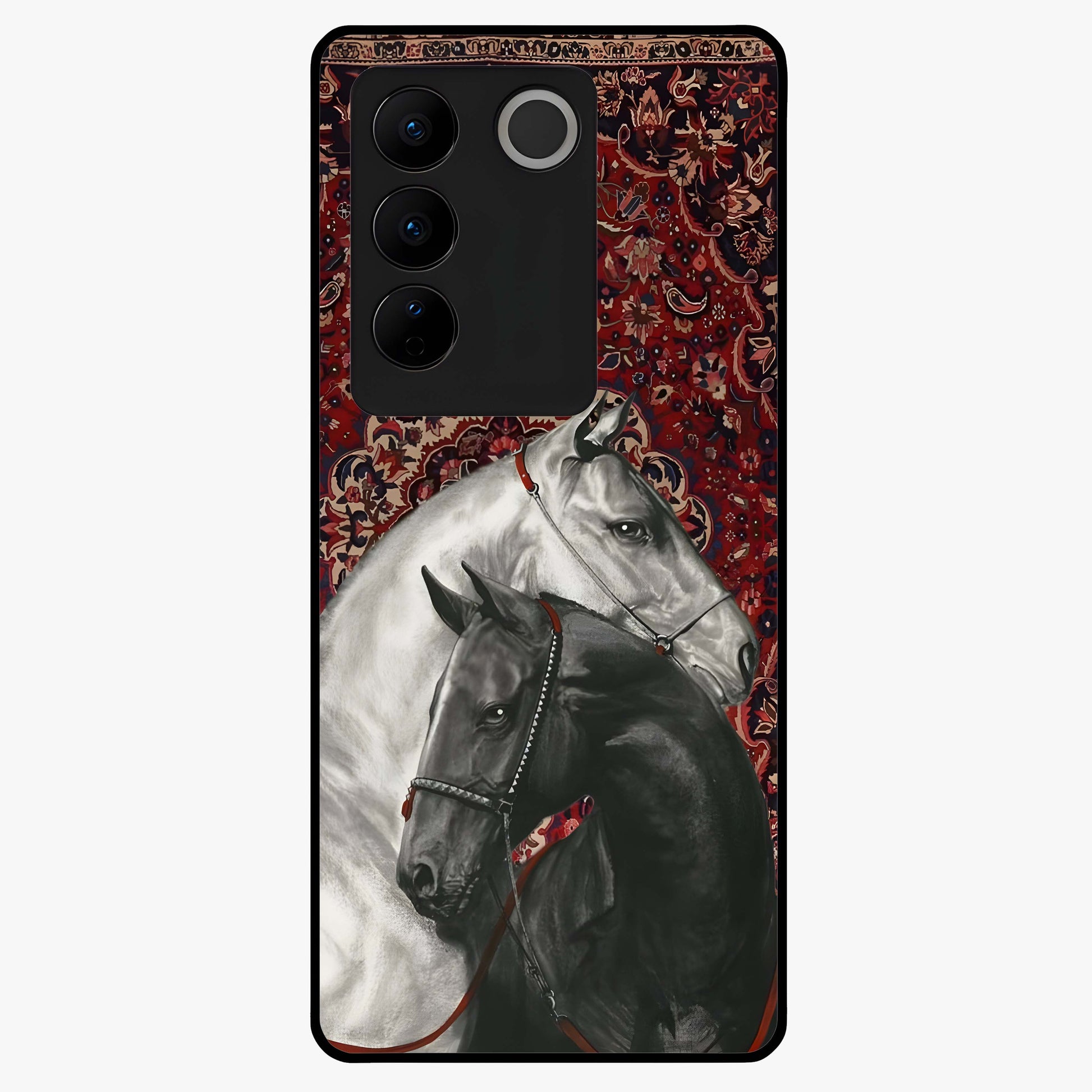 Regal Stallion Tapestry Glass Case showing flat back view with majestic horse tapestry artwork and glossy glass finish.
